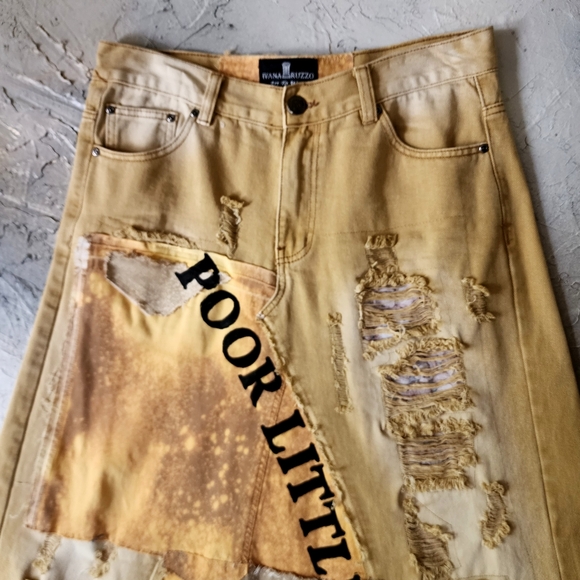 Upcycled Couture concept Designer Maxi Skirt Mustard Denim ShabbyChic - Picture 6 of 16